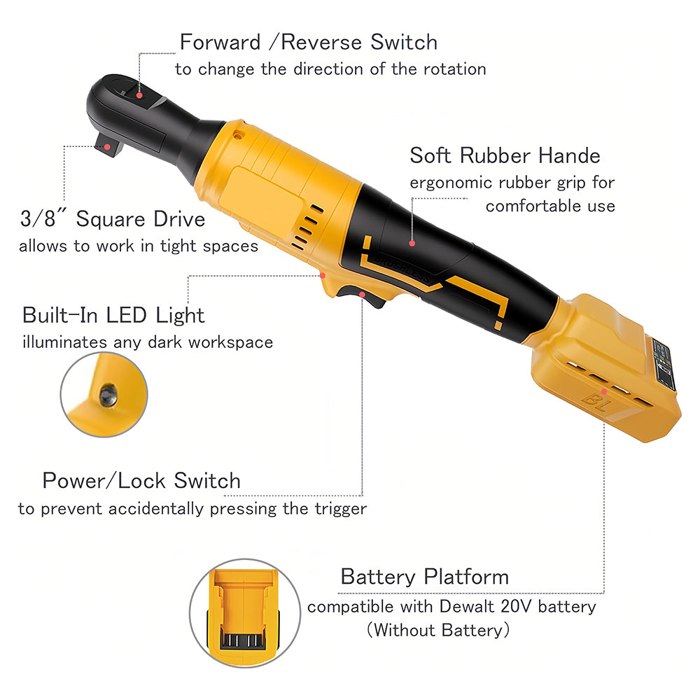 Cordless Ratchet Wrench Brushless 20V Battery 75 Ft lbs Torque