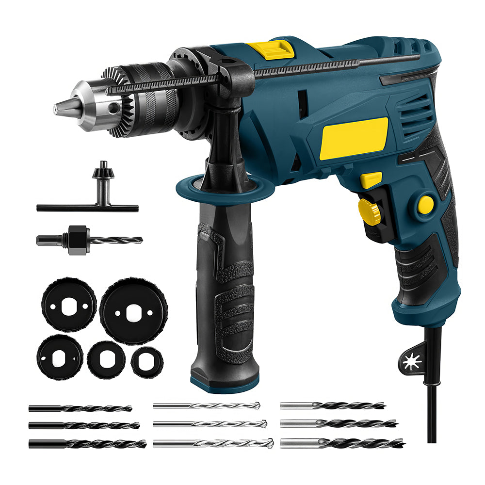 7.5 Amp Electric Hammer Drill, 0–3000RPM, 9-Piece Bit Set Included