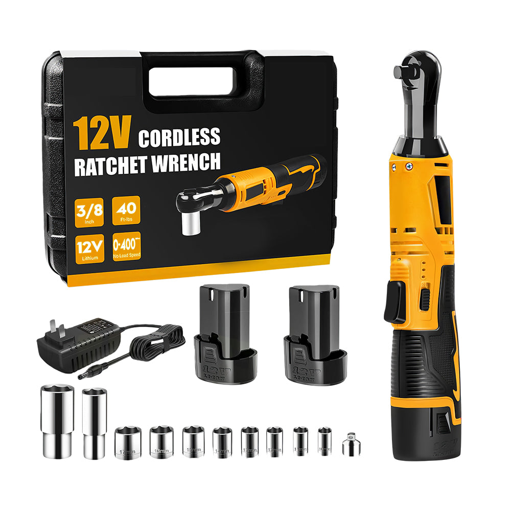 12V Cordless 3/8" Electric Ratchet Wrench, 40 Ft-lbs, 2 Batteries, 11 Sockets