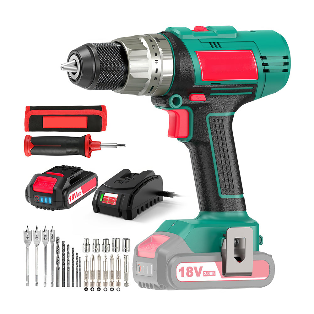 18V Cordless Hammer Drill Driver, 400 In-lbs Torque with 2.0Ah Battery