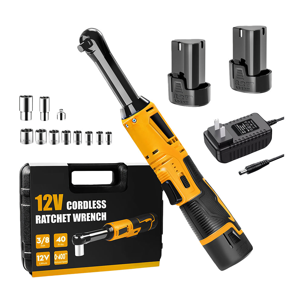 12V Cordless 3/8" Electric Ratchet Wrench, 40 Ft-lbs, 2 Batteries, 11 Sockets