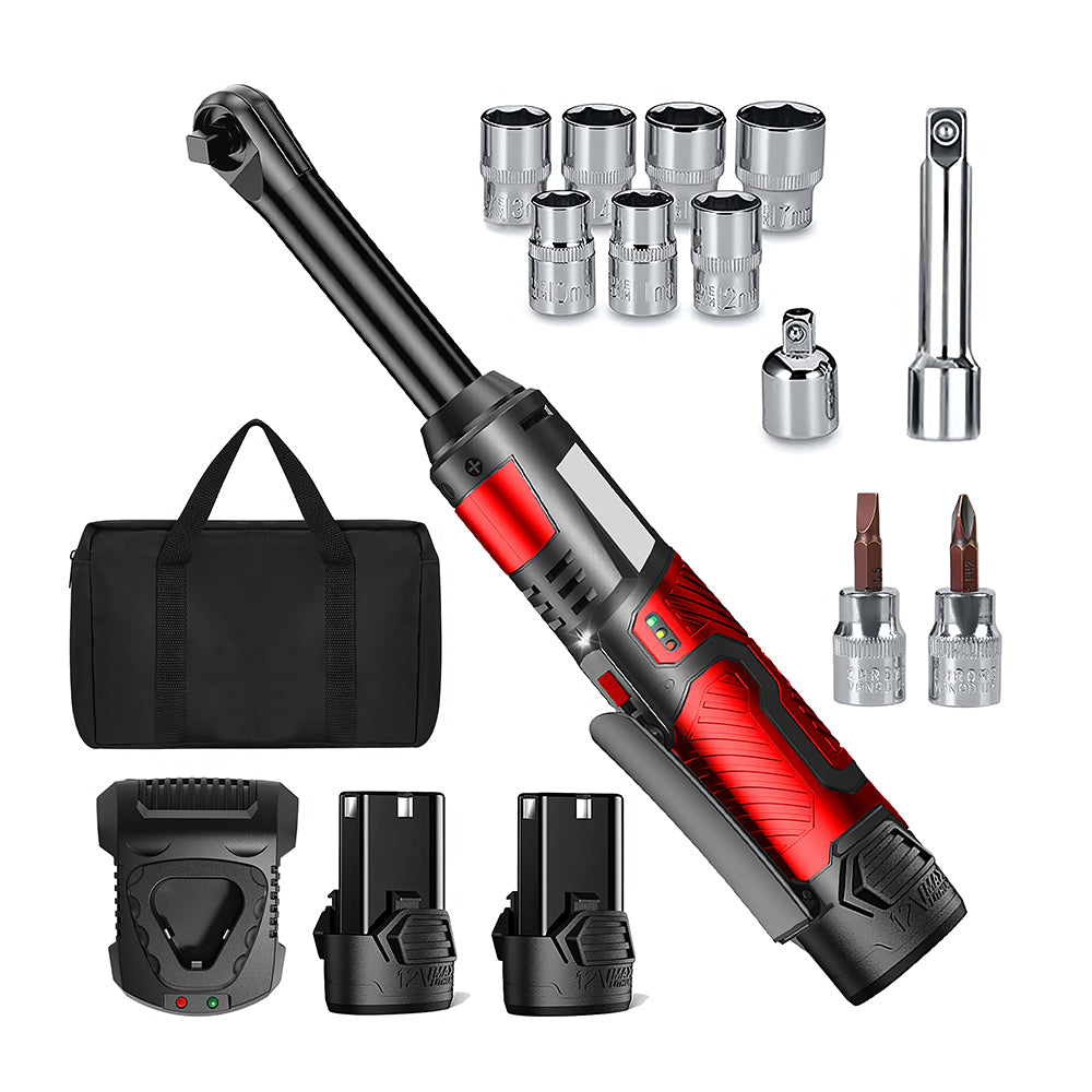 3/8" Cordless Electric Ratchet Wrench, 55Nm Extended Reach with 7 Sockets
